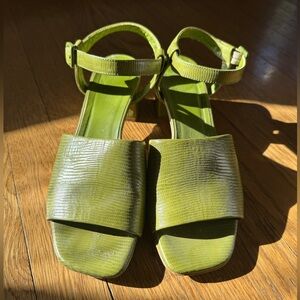 Everlane green block heels, leather reptile texture, size 8.5.